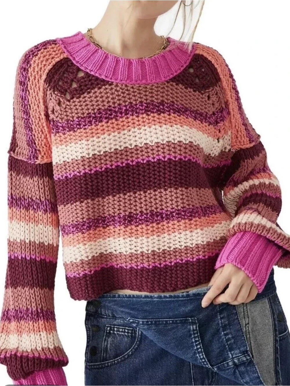 Free People Devin Striped Crop Pink & Burgundy Knit Sweater
